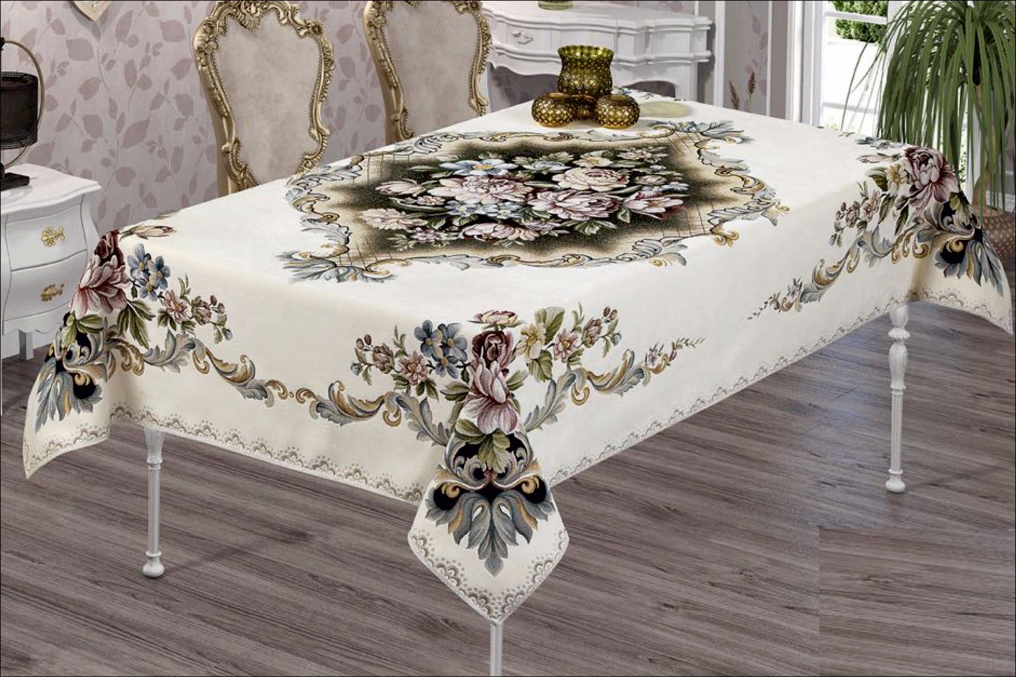 τραπεζομάντηλο-δαμάσκο-βελούδο-εκρού Τραπεζοκαρέ 140X140 Βελούδο-Δαμάσκο εκρού - Image 1