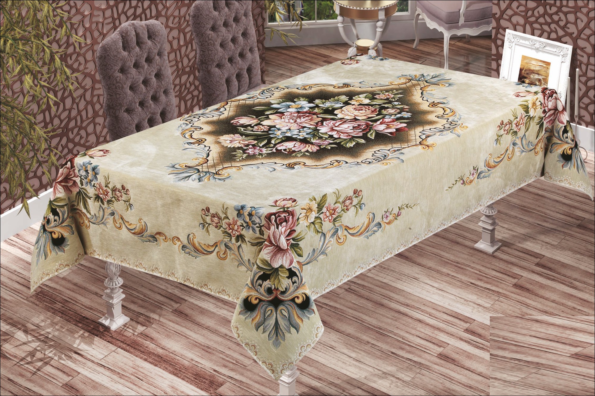 τραπεζομάντηλο-δαμάσκο-βελούδο-μέντα Τραπεζοκαρέ 140X140 Βελούδο Δαμάσκο μέντα - Image 1