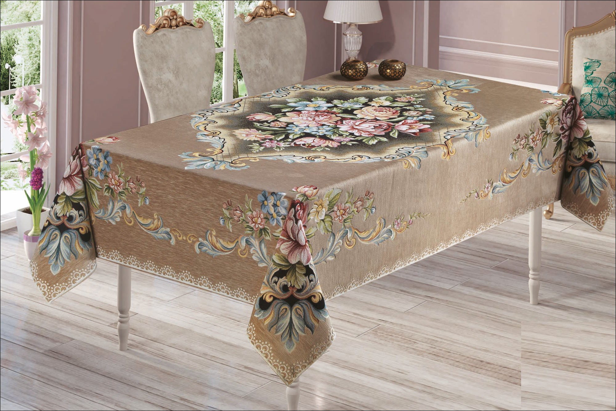 τραπεζομάντηλο-δαμάσκο-βελούδο-μπεζ Τραπεζομάντηλο 140Χ180 Βελούδο Δαμάσκο μπεζ - Image 1