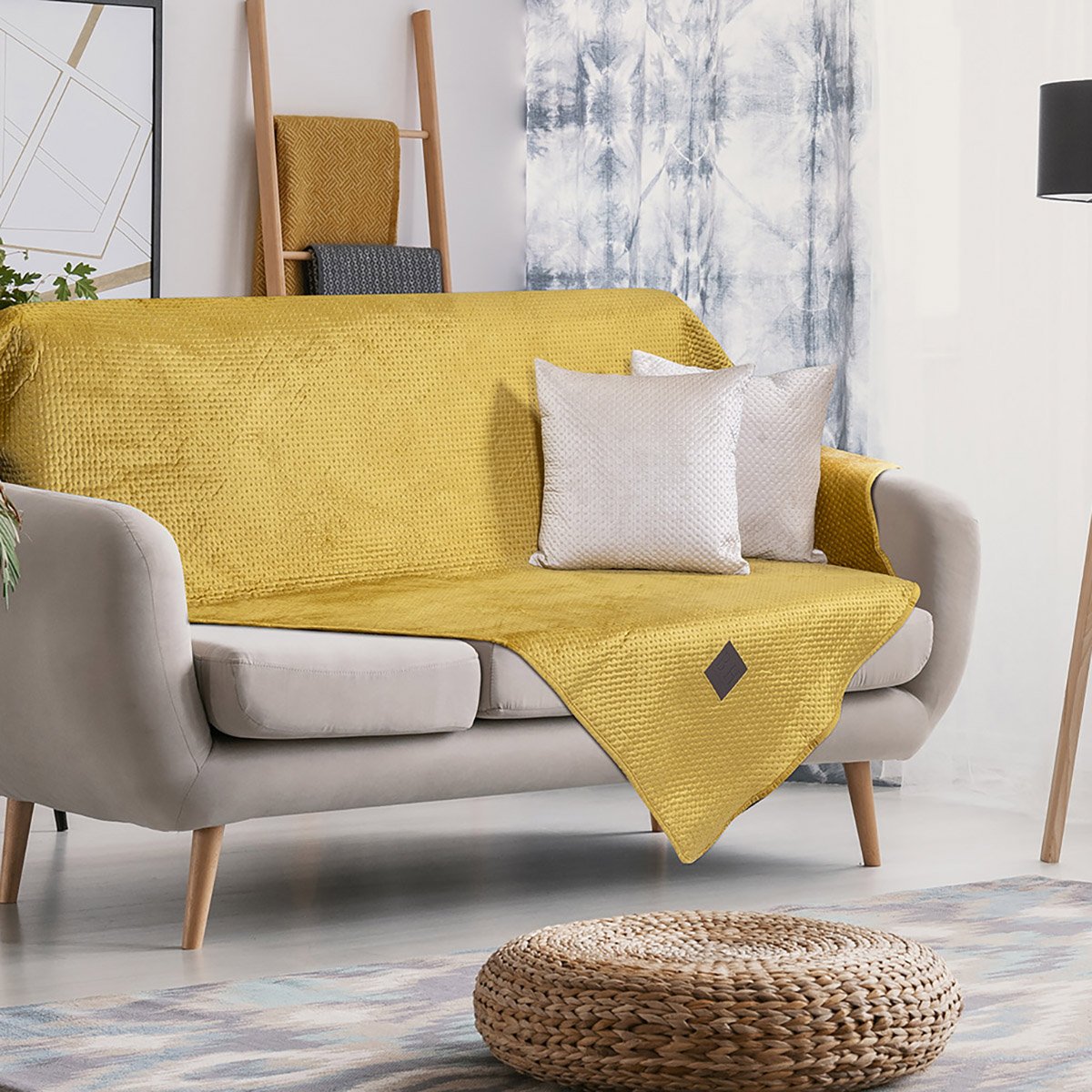 Pouf,And,Plant,Near,Settee,With,Pillows,In,Bright,Apartment Ριχτάρι Διθέσιο Velvety 180x250 Art 8412 Ώχρα Beauty Home - Image 1