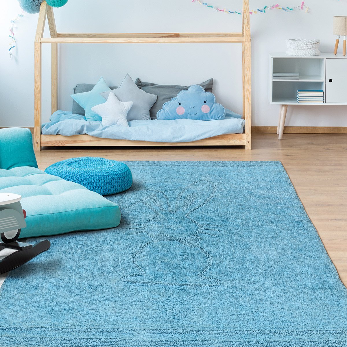 Modern,Rocking,Toy,And,Blue,Mattress,On,White,Carpet,In Χαλί βαμβακερό Cottony Art 9551 Σιέλ Beauty Home Beauty Home - Image 1