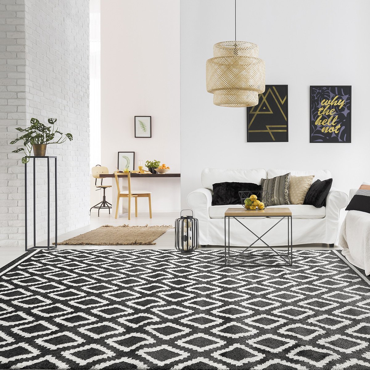 Apartment,With,White,Brick,Wall,,Sofa,,Table,And,Pattern,Rug Πατάκι Vibe Art 9577 67x150 Stone White Ανθρακί Λευκό Beauty Home - Image 1