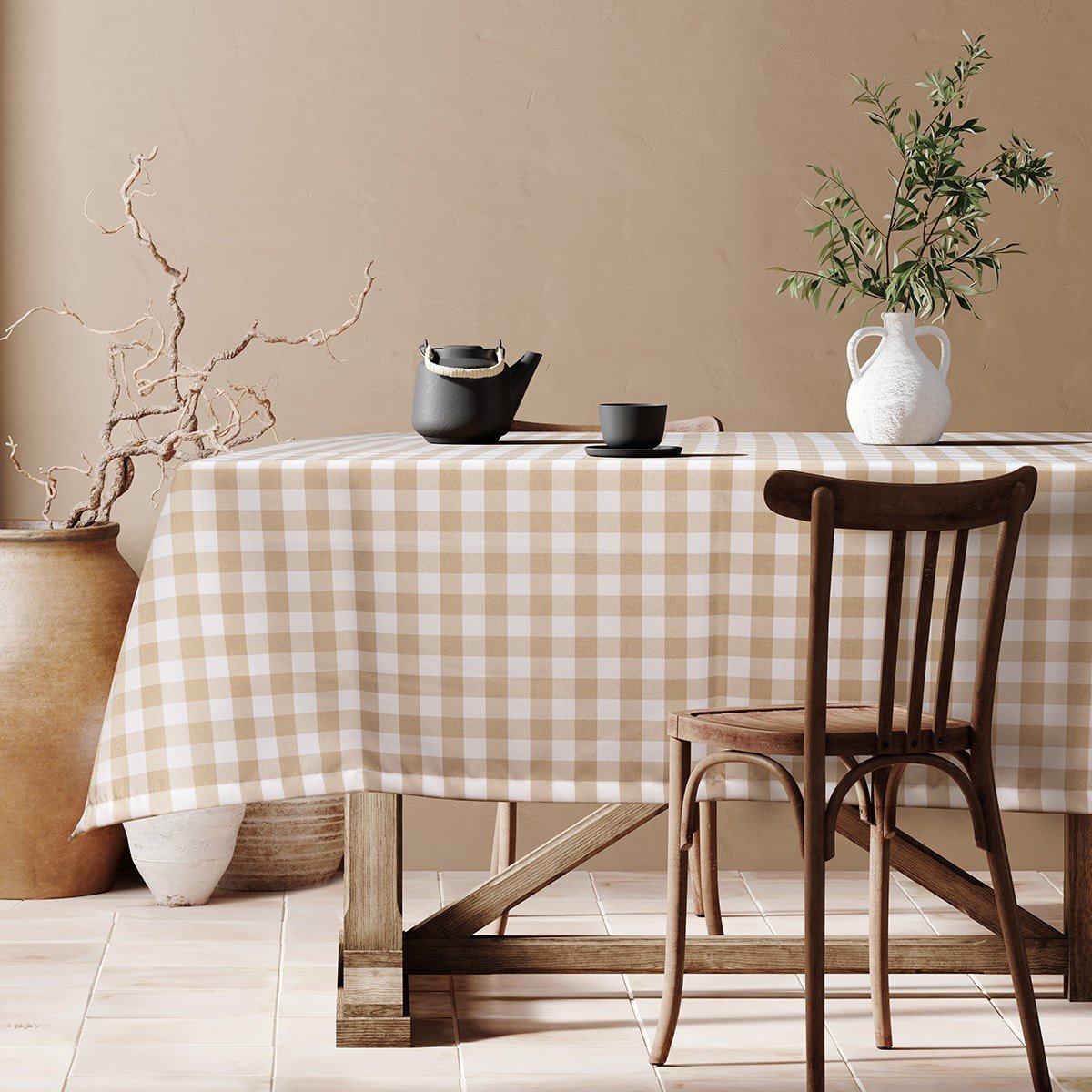 Mediterranean,Interior,Template.,Wall,Mockup,,Chair,,Table,And,Terracotta,Pottery Επαγγελματικό τραπεζομάντηλο Checks Art Ε8032 145x145 Μπεζ Beauty Home - Image 1