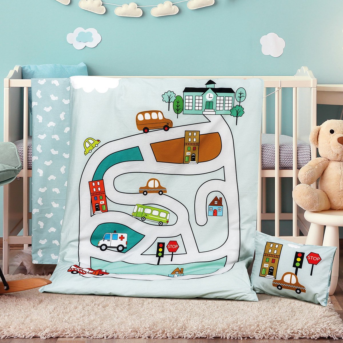 Modern,Baby,Room,Interior,With,Crib,And,Rocking,Chair Σετ σεντόνια βρεφικά Road Art 5184 120x160 Εμπριμέ Beauty Home - Image 1