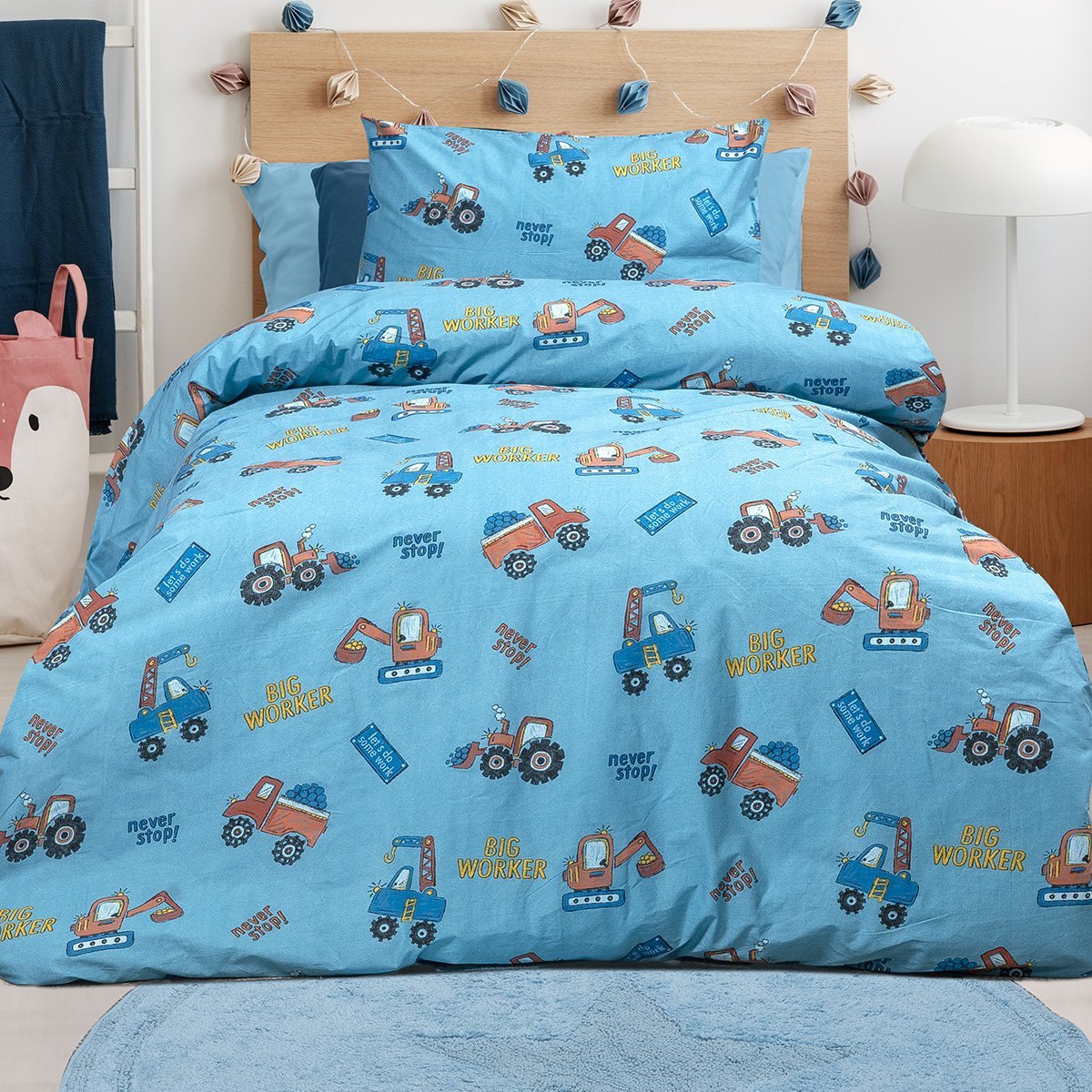 Singe,Bed,In,Bright,Bedroom,Interior,With,Copy,Space,On Σετ σεντόνια μονά με λάστιχο Factory Art 6216 100x200+30 Γαλάζιο Beauty Home - Image 1