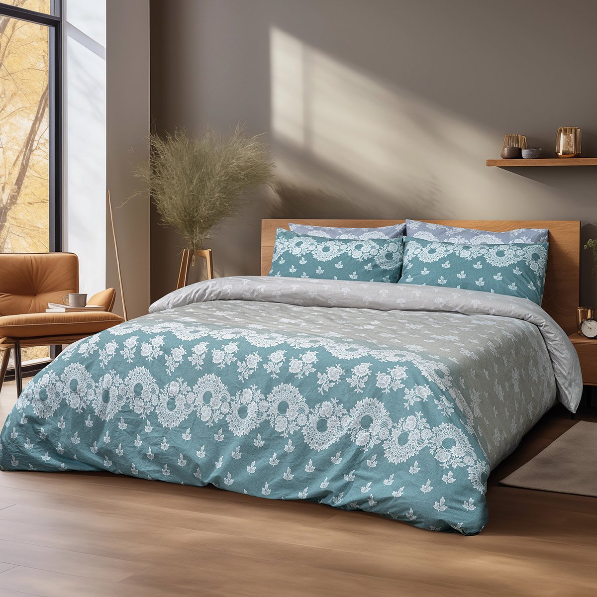 12186 Σετ πάπλωμα υπέρδιπλο Palm Art 12186 220x240 Πετρόλ Μπεζ Beauty Home - Image 1