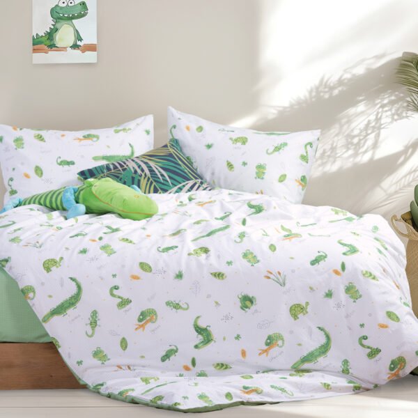 Σετ Σεντόνια Μονά Παιδικά 170×260 Nef Nef Cute Reptiles White-Green