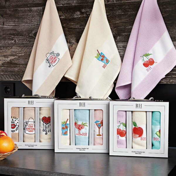 Beauty Home Ποτηρόπανα σετ 3τμχ Cocktail Art 8286 40x60 Εκρού,Σιέλ,Ροζ