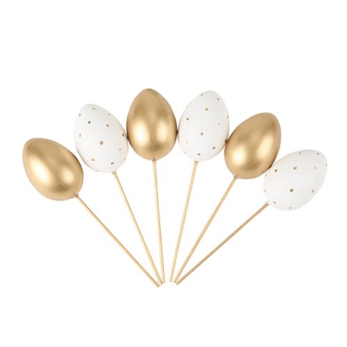 a063398a-a442-46a7-970c-8e9e1ea90d30 Beauty Home 6 Αυγά Χρυσά και Λευκά Πουά με Ξυλάκι 16 x 4 CM - Image 1