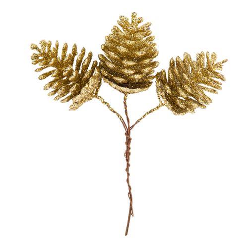 489d8a50-8ad5-4a1b-b387-09402b578882 Beauty Home 3 Κουκουνάρια με Χρυσό Γκλίτερ σε Κλαδάκι 15 cm - Image 1