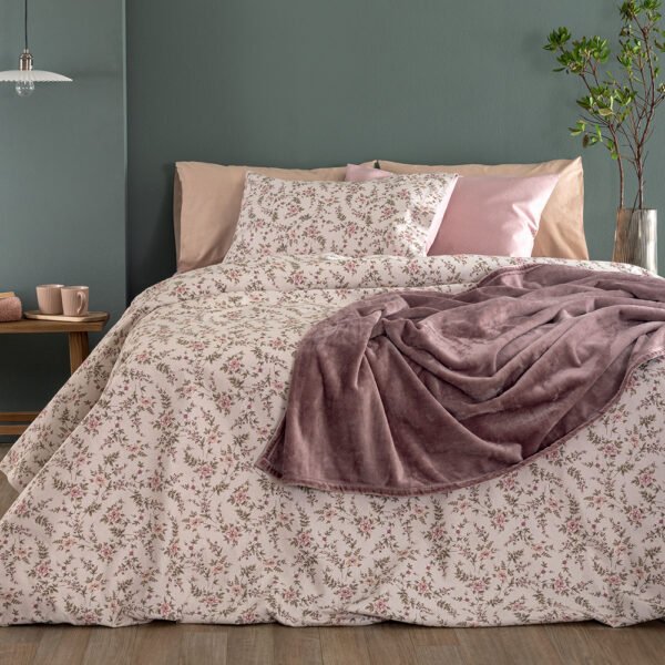 Σετ Σεντόνια Υπέρδιπλα Flannel Beauty 240x265 FB0234 Χωρίς Λάστιχο Ροζ Palamaiki