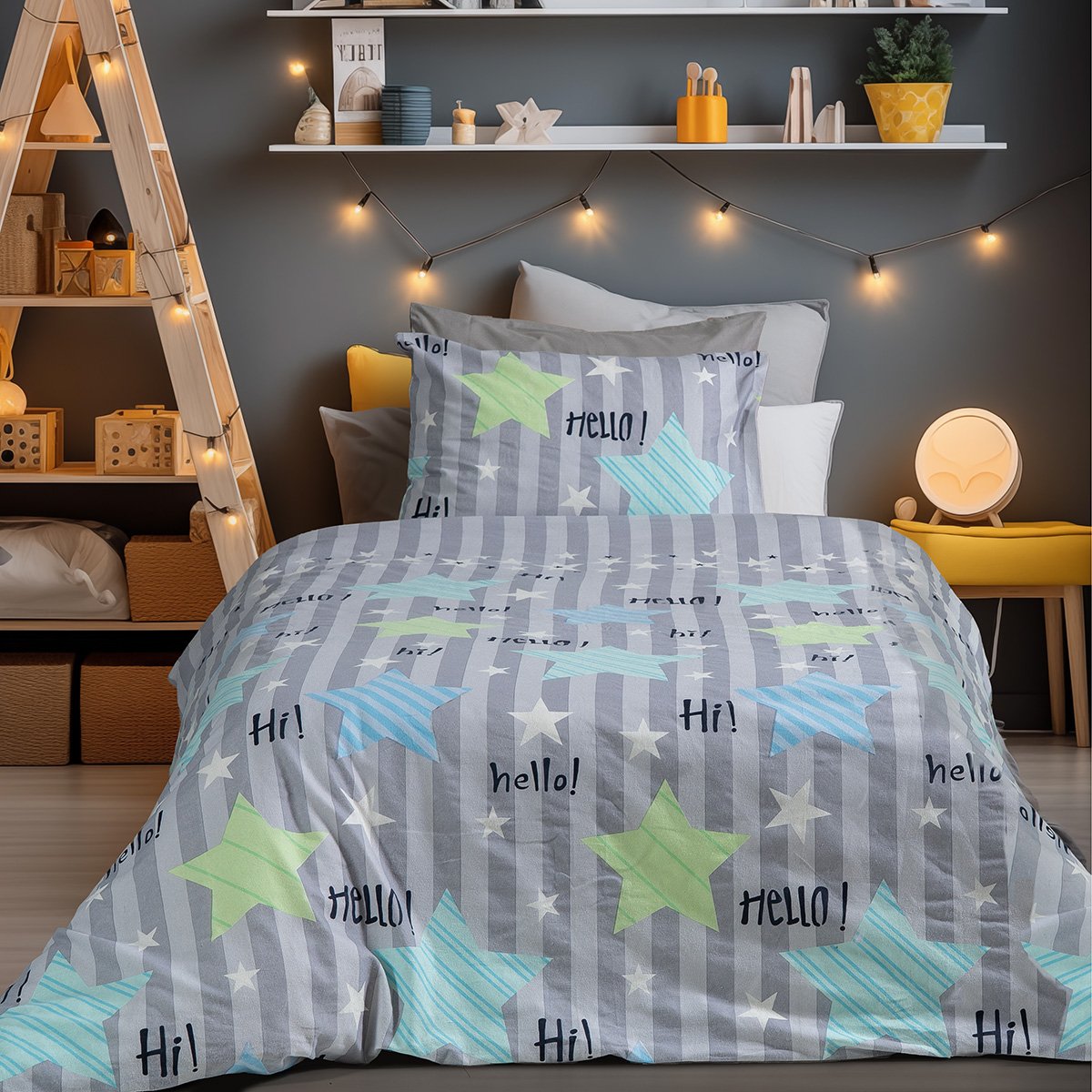 6321 Beauty Home Σετ σεντόνια φανελένια μονά με λάστιχο Hello Art 6321 105x200+32 Γκρι,Μπλε - Image 1