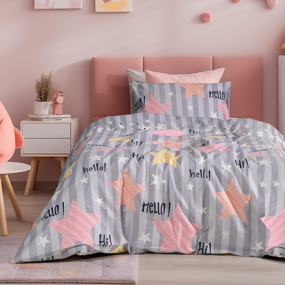 6322 Beauty Home Σετ σεντόνια φανελένια μονά με λάστιχο Hi Art 6322 105x200+32 Γκρι,Ροζ - Image 1