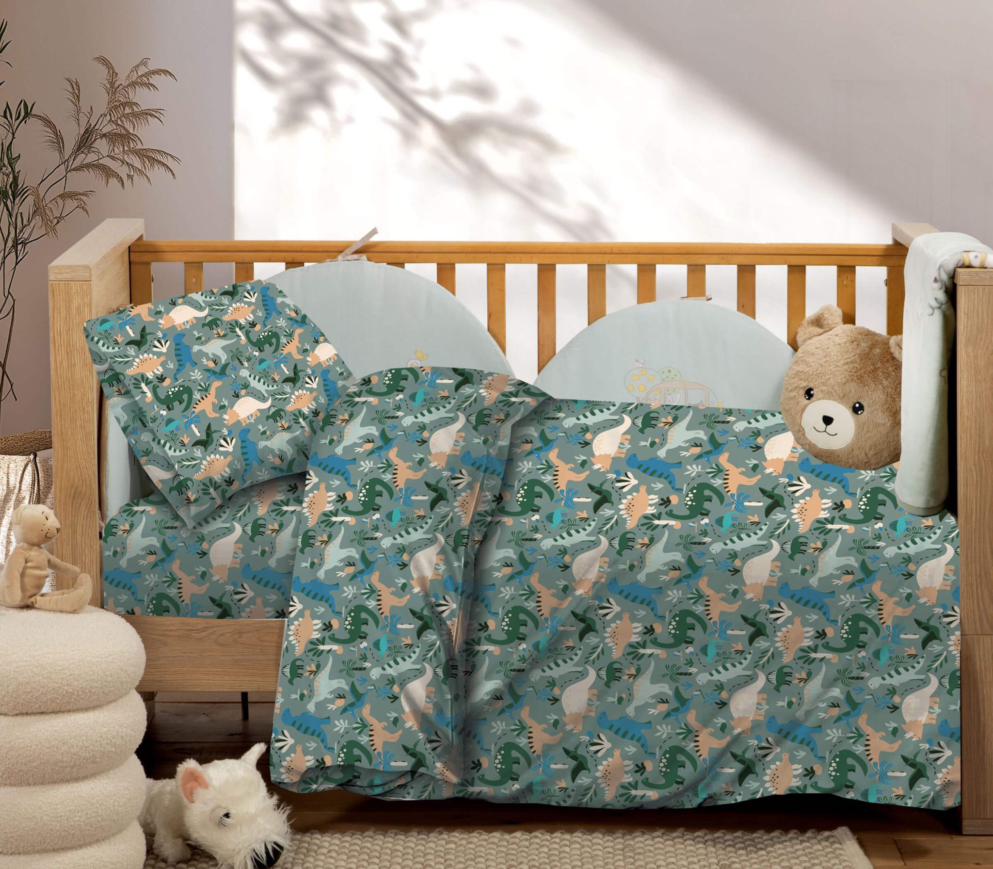 Dinosaurs-baby-scaled Βρεφικά Σετ Σεντόνι Κούνιας Με Λάστιχο 75x145+20 Dinosaurs Astron Italy - Image 1