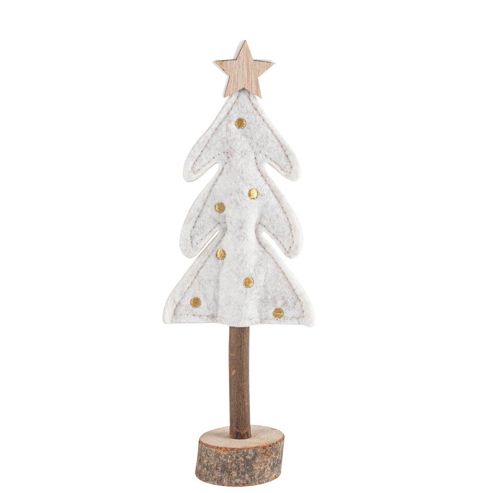 a6e95c3c-f976-433f-b7f2-7dce36d5dc62 Beauty Home Δέντρο με Αστέρι σε Ξύλινη Βάση, Λευκή Τσόχα και Χρυσή Κεντητή Διακόσμηση 21 x 7,5 cm - Image 1