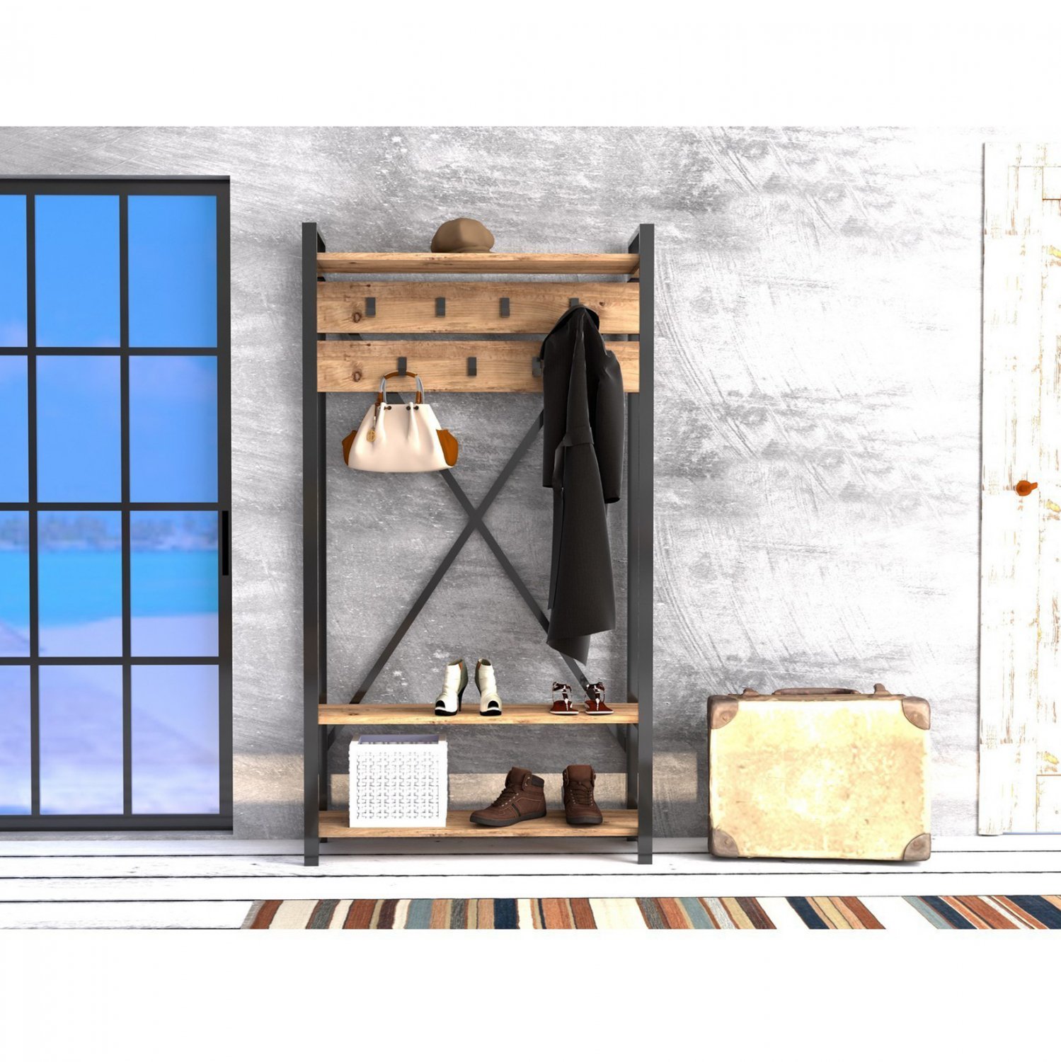 epiplo-eisodoy-fb9894301-natural-wood-ma ΕΠΙΠΛΟ ΕΙΣΟΔΟΥ HM8943.01 NATURAL WOOD & ΜΑΥΡΟ 90x34x180 εκ. - Image 1