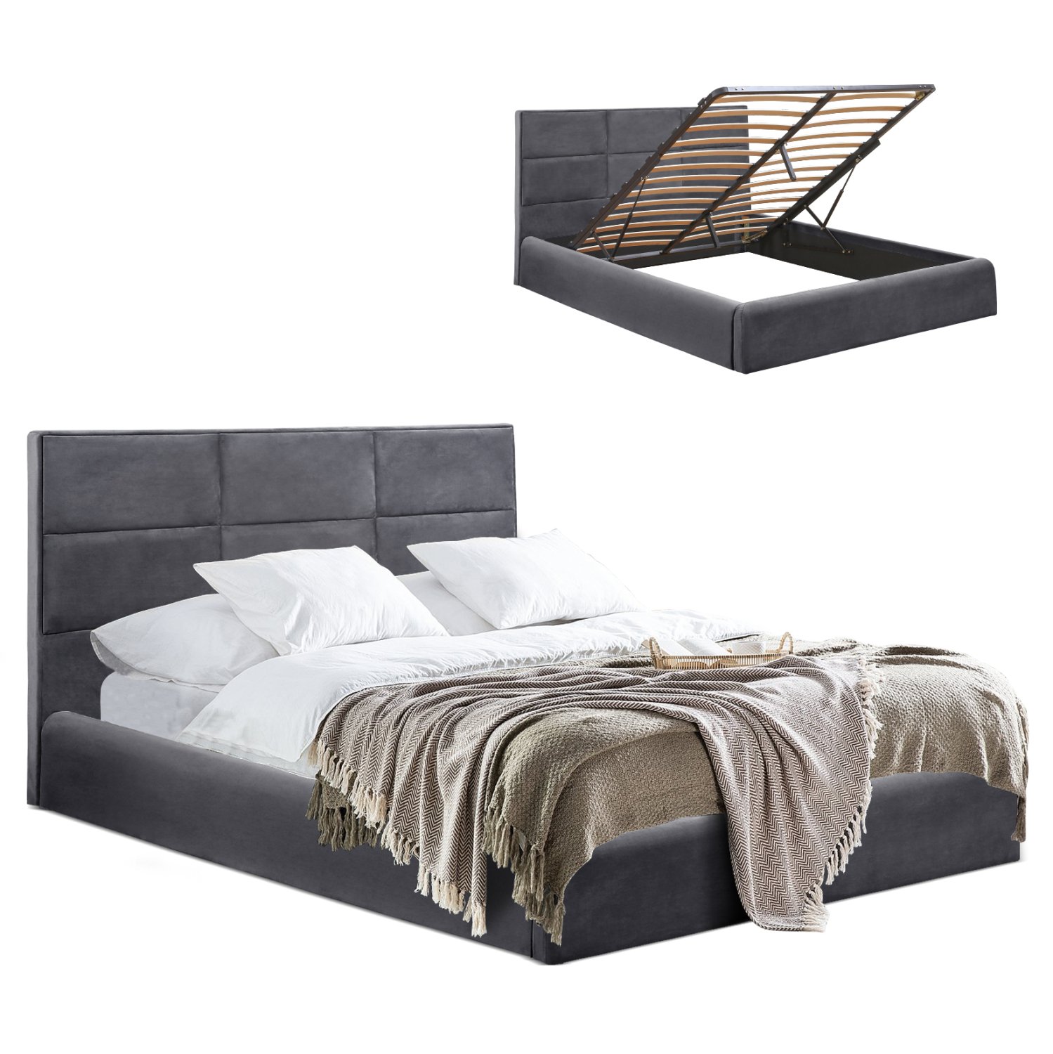 krebati-beloydo-gkri-me-apothikeytiko-ch ΚΡΕΒΑΤΙ BRILEY ΒΕΛΟΥΔΟ ΓΚΡΙ ΜΕ ΑΠΟΘΗΚΕΥΤΙΚΟ ΧΩΡΟ 160x200 εκ HM583.01 - Image 1