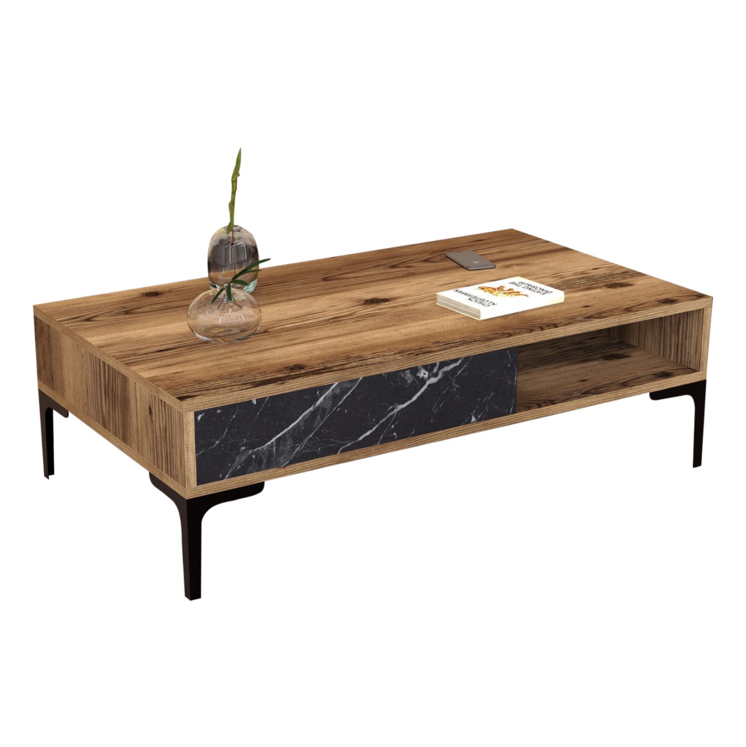 trapezi-salonioy-fb9950304-melaminis-kar ΤΡΑΠΕΖΙ ΣΑΛΟΝΙΟΥ HM9503.04 ΜΕΛΑΜΙΝΗΣ ΚΑΡΥΔΙ-ΜΑΥΡΟ ΜΑΡΜΑΡΟ&ΜΕΤΑΛ.ΠΟΔΙ 105x60x32.6Υεκ. - Image 1