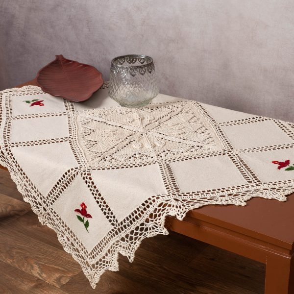 Καρέ με πλεκτό και απλικέ (90cm x 90cm) 030 κόκκινο λουλούδι SilkFashion