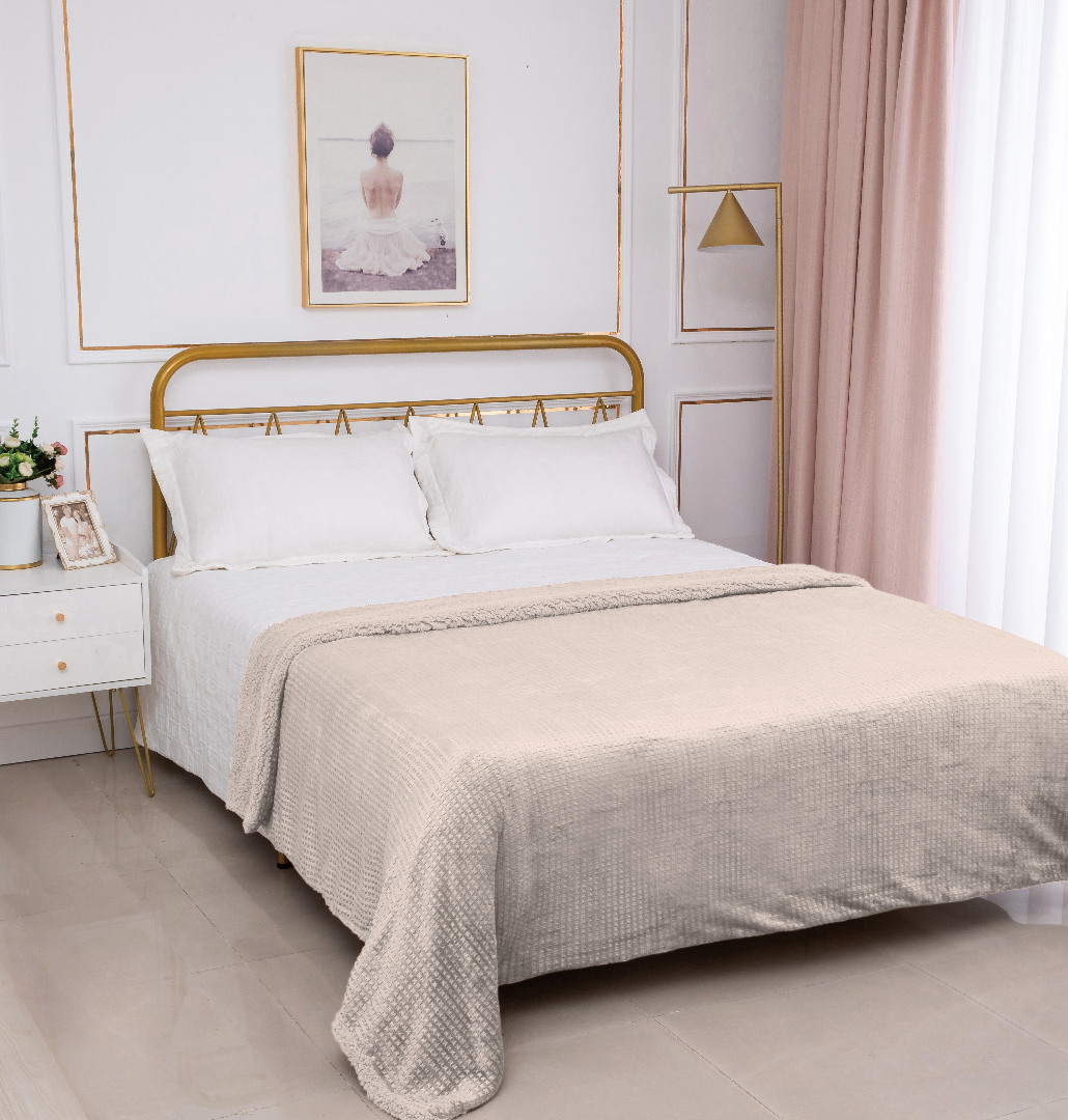 21拼-2-1 Κουβέρτα με sherpa damask (220cm x 240cm) camel SilkFashion - Image 1