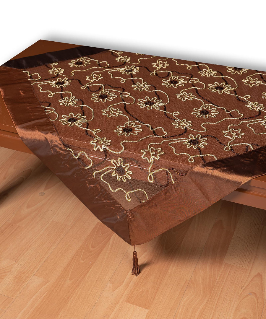 67180kafe1 Τούλινο τραπεζοκαρέ 7180 (130cm x 130cm) καφέ SilkFashion - Image 1