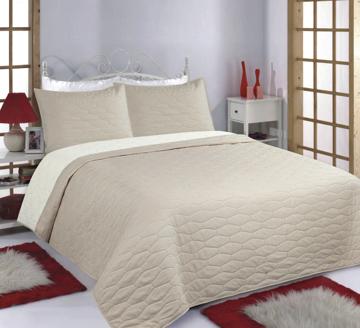 BEIGE-2 ΚΟΥΒΕΡΛΙ σετ (170cm x 220cm + 1 x 50cm x 70cm) RUBY beige/ivory SilkFashion - Image 1