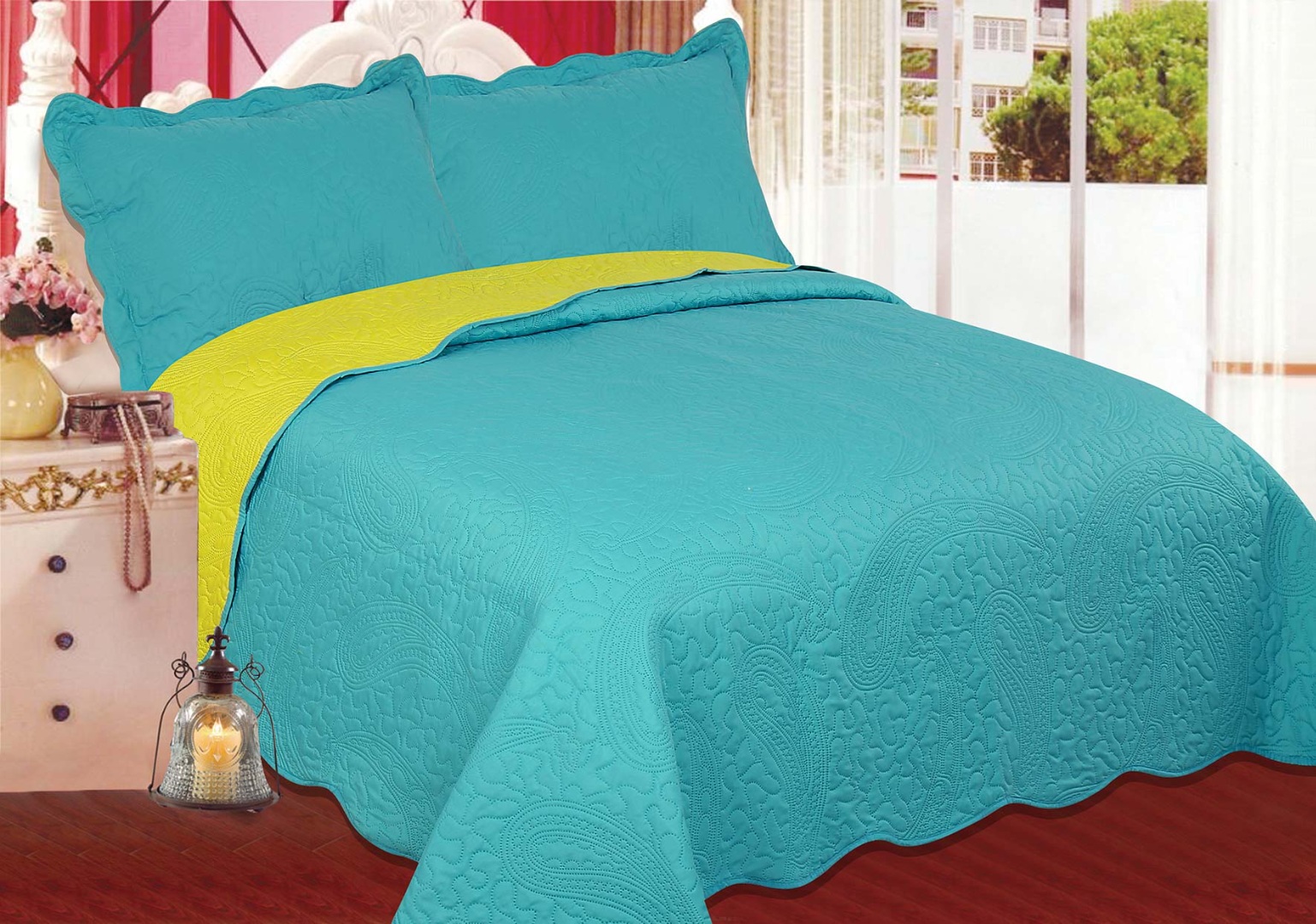 BLUE-GREENb ΚΟΥΒΕΡΛΙ σετ (220cm x 240cm + 2 x 50cm x 70cm) λαχούρι BLUE & GREEN SilkFashion - Image 1