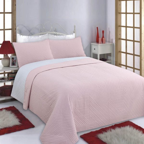 ΚΟΥΒΕΡΛΙ σετ (240cm x 260cm + 2 x 50cm x 70cm) LINES pink/grey SilkFashion