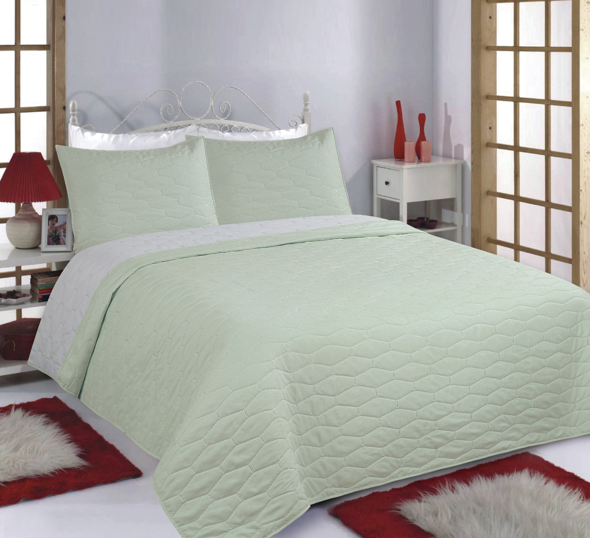 MINT-1 ΚΟΥΒΕΡΛΙ σετ (220cm x 240cm + 2 x 50cm x 70cm) RUBY mint/grey SilkFashion - Image 1