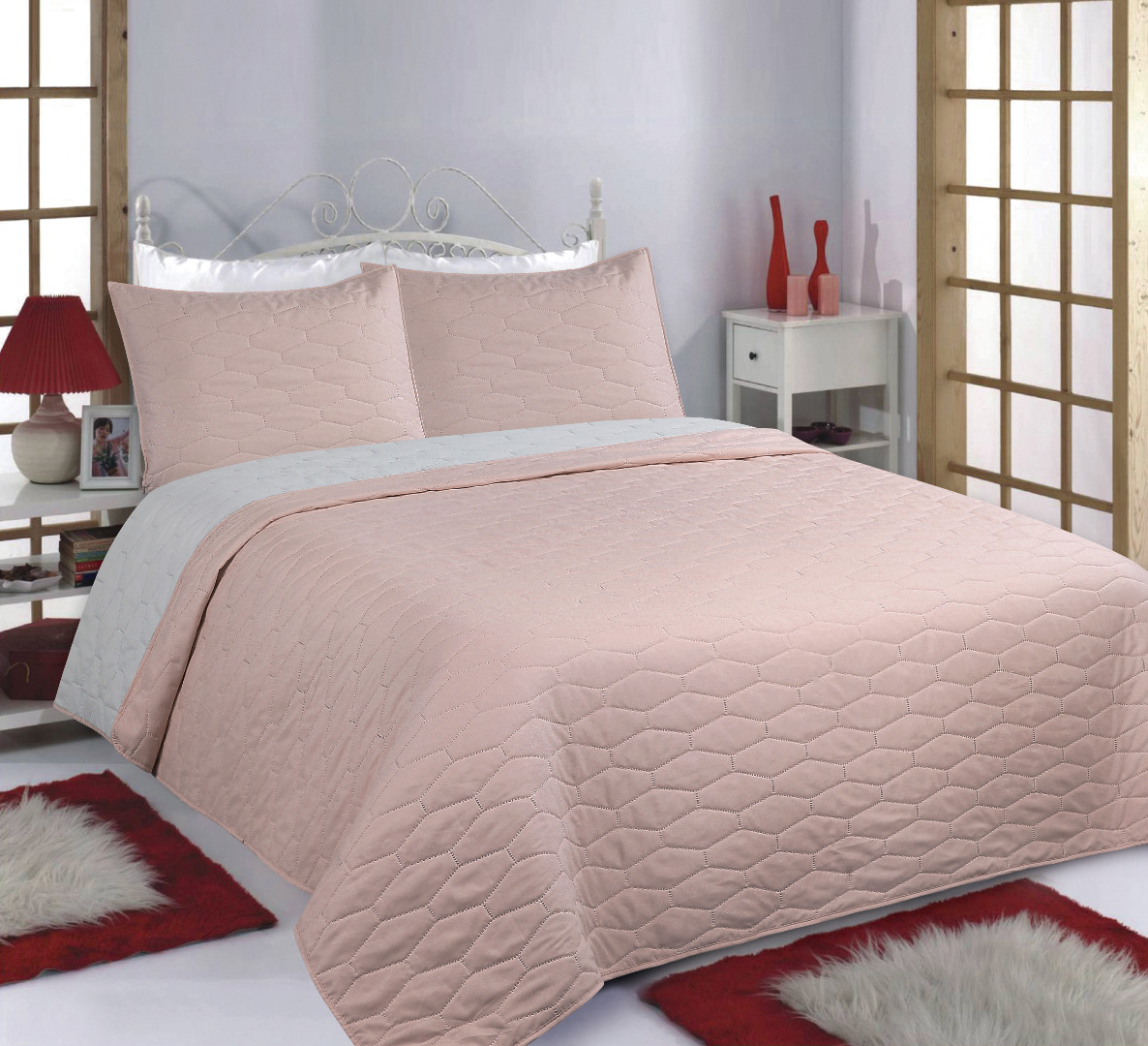 PINK ΚΟΥΒΕΡΛΙ σετ (240cm x 260cm + 2 x 50cm x 70cm) RUBY pink/grey SilkFashion - Image 1