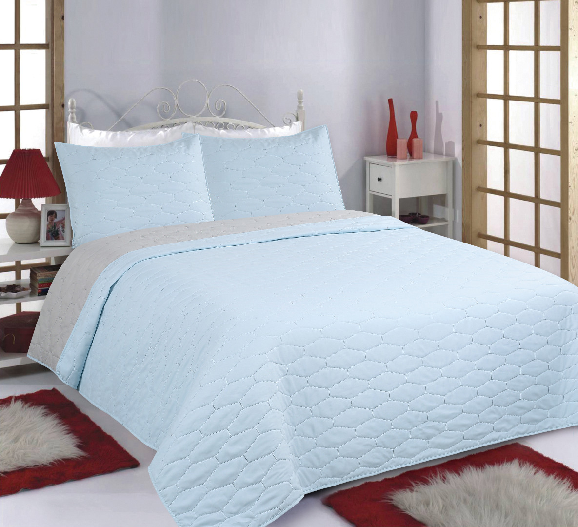 SKYBLUE-1 ΚΟΥΒΕΡΛΙ σετ (220cm x 240cm + 2 x 50cm x 70cm) RUBY sky blue/ grey SilkFashion - Image 1