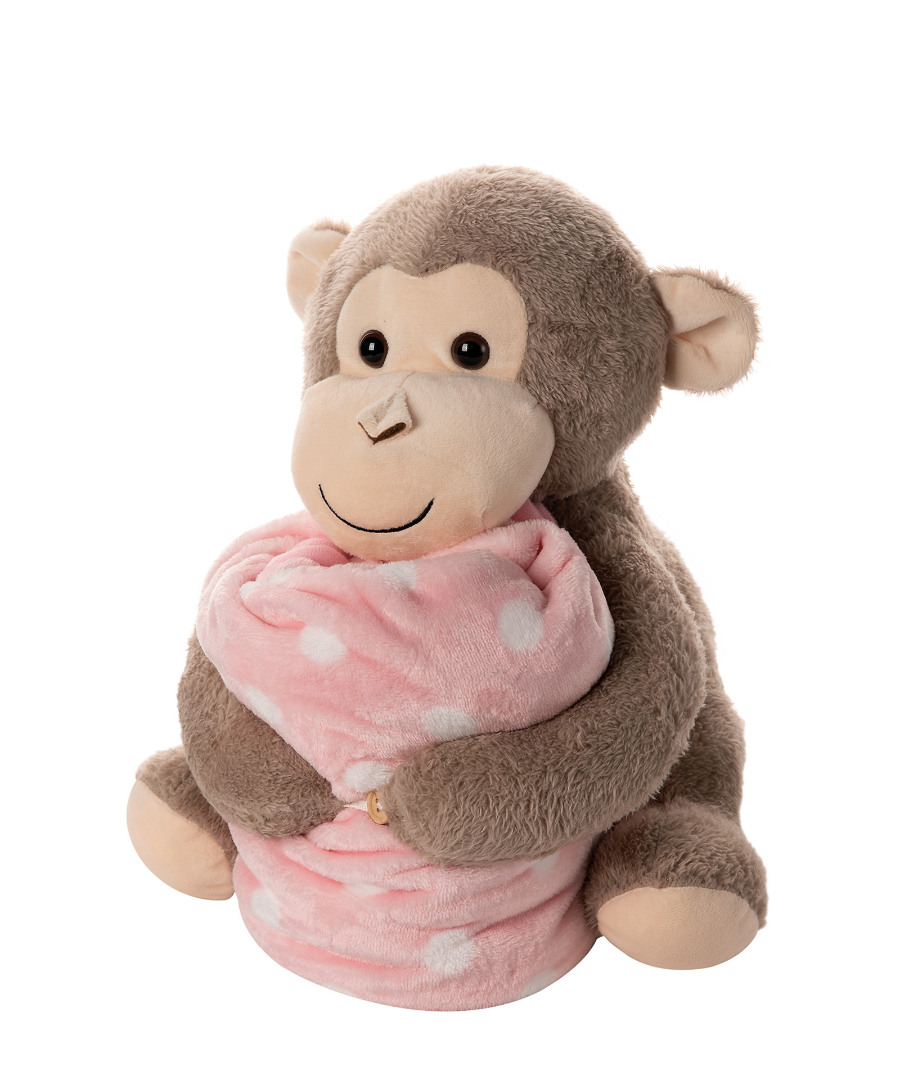 Untitled-2540 ΒΕΒΕ FLANNEL ΚΟΥΒΕΡΤΑΚΙ (80cm x 120cm) μπέζ μαιμουδάκι ρόζ SilkFashion - Image 1