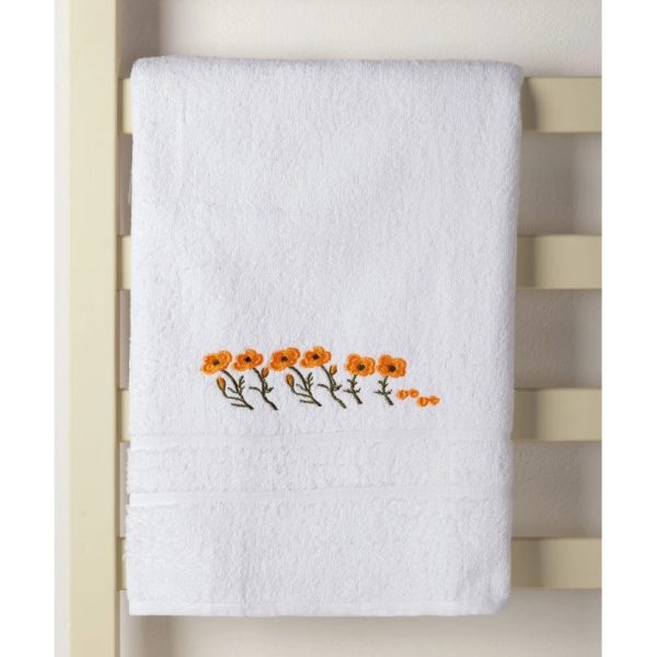 Πετσέτα Προσώπου ( 50cm x 100cm ) Λευκό με Πορτοκαλί Λουλούδι SilkFashion