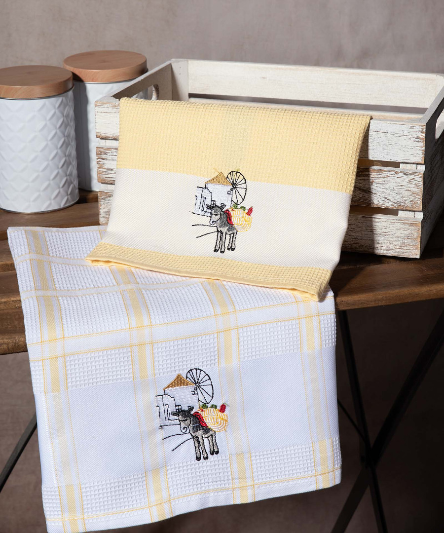 anemomylos-kitrino Σετ 2 τεμαχίων ποτηρόπανα (50cm x 70cm) ανεμόμυλος κίτρινο SilkFashion - Image 1