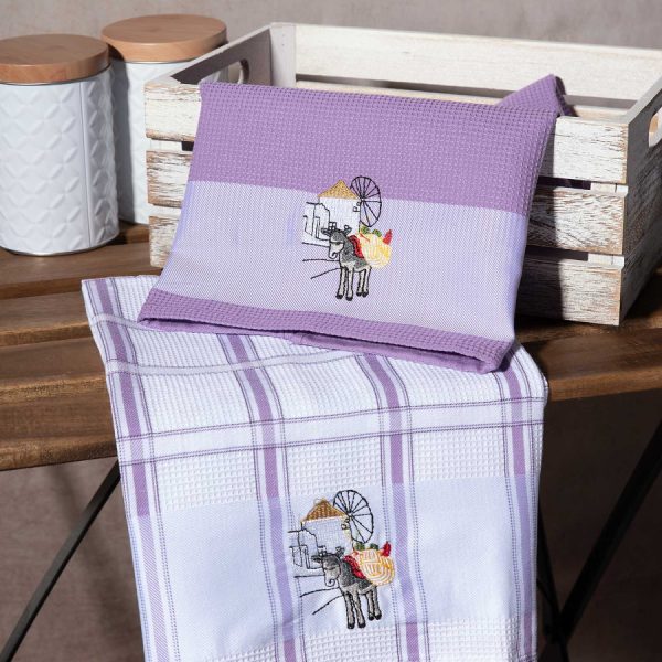 Σετ 2 τεμαχίων ποτηρόπανα (50cm x 70cm) ανεμόμυλος μώβ SilkFashion