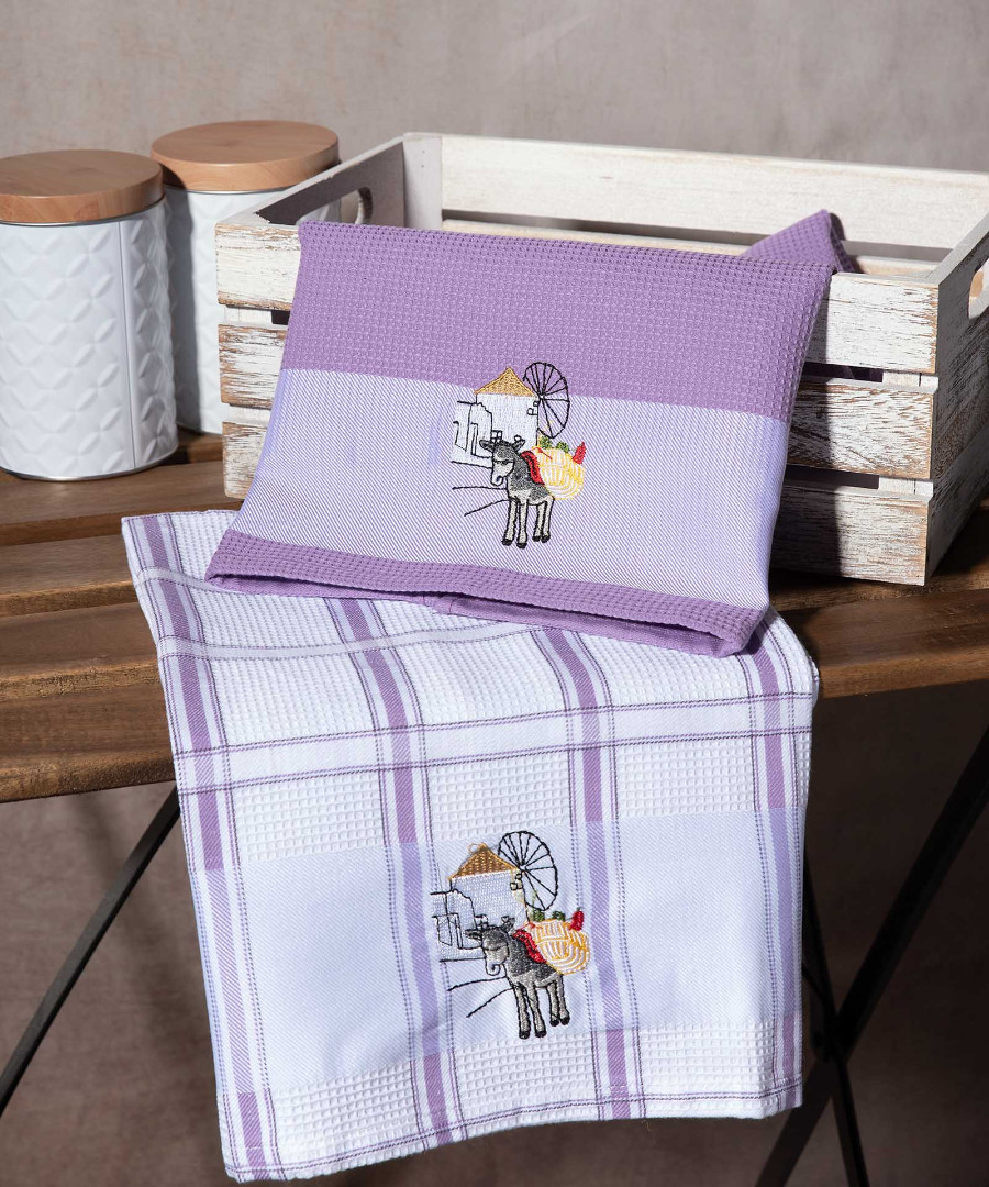 anemomylos-mov Σετ 2 τεμαχίων ποτηρόπανα (50cm x 70cm) ανεμόμυλος μώβ SilkFashion - Image 1