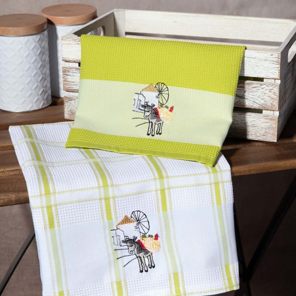 Σετ 2 τεμαχίων ποτηρόπανα (50cm x 70cm) ανεμόμυλος πράσινο SilkFashion