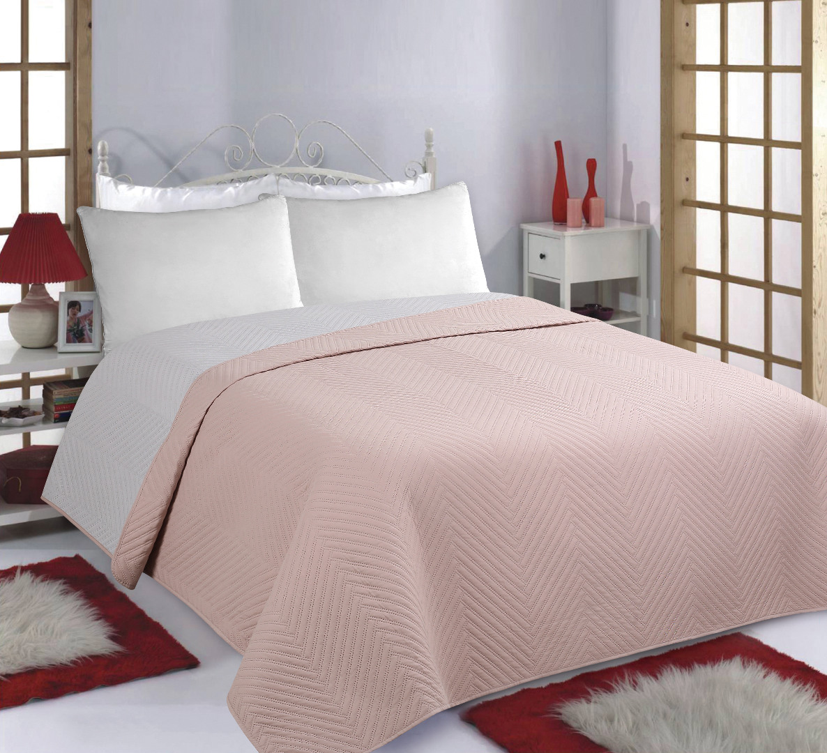 bonespink-2 ΚΟΥΒΕΡΛΙ σετ (170cm x 220cm) BONES pink/grey SilkFashion - Image 1