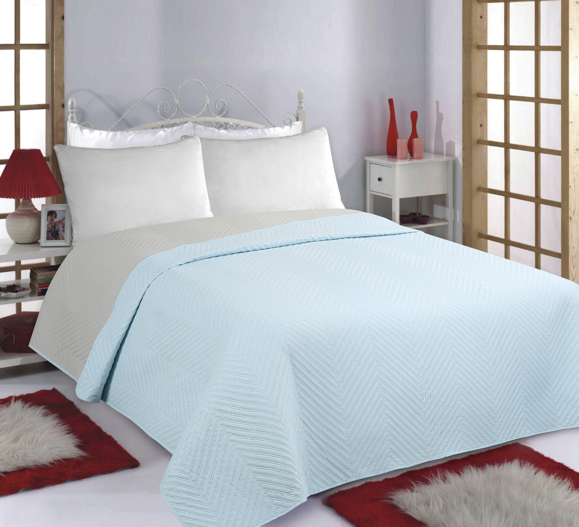 bonesskyblue-1 ΚΟΥΒΕΡΛΙ σετ (220cm x 240cm) BONES sky blue/ grey SilkFashion - Image 1