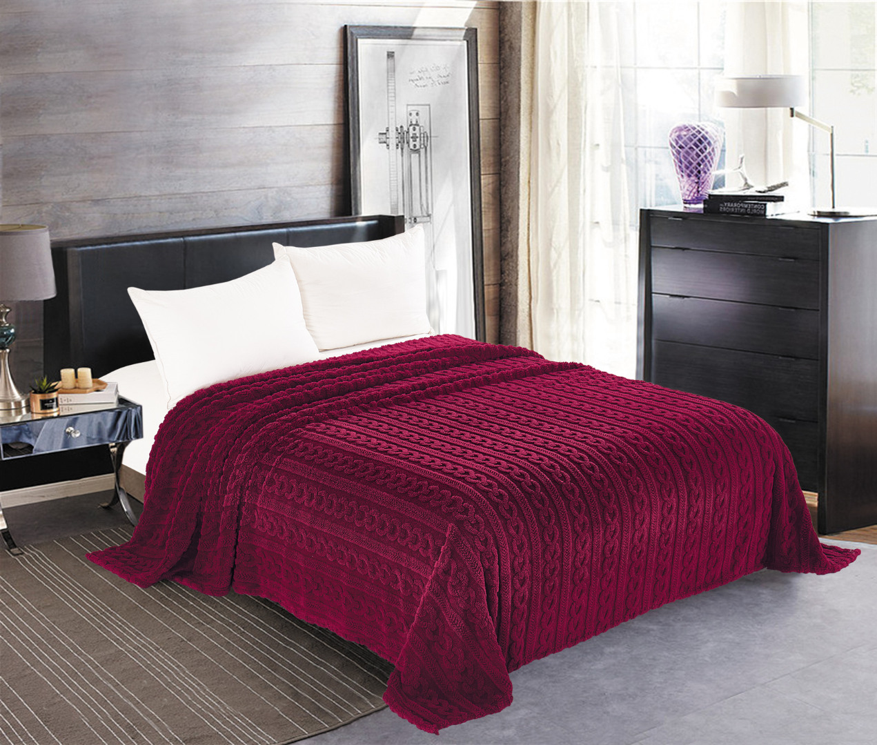 braidburgundy Κουβέρτα fleece braid (160cm x 220cm) μπορντώ SilkFashion - Image 1