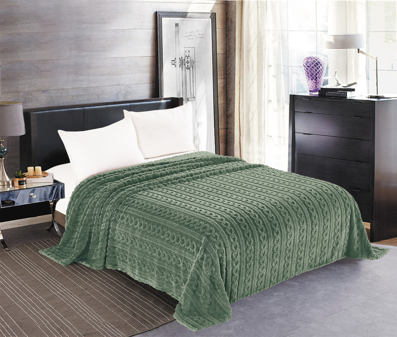 braidgreen-1 Κουβέρτα fleece braid (220cm x 240cm) πράσινο SilkFashion - Image 1