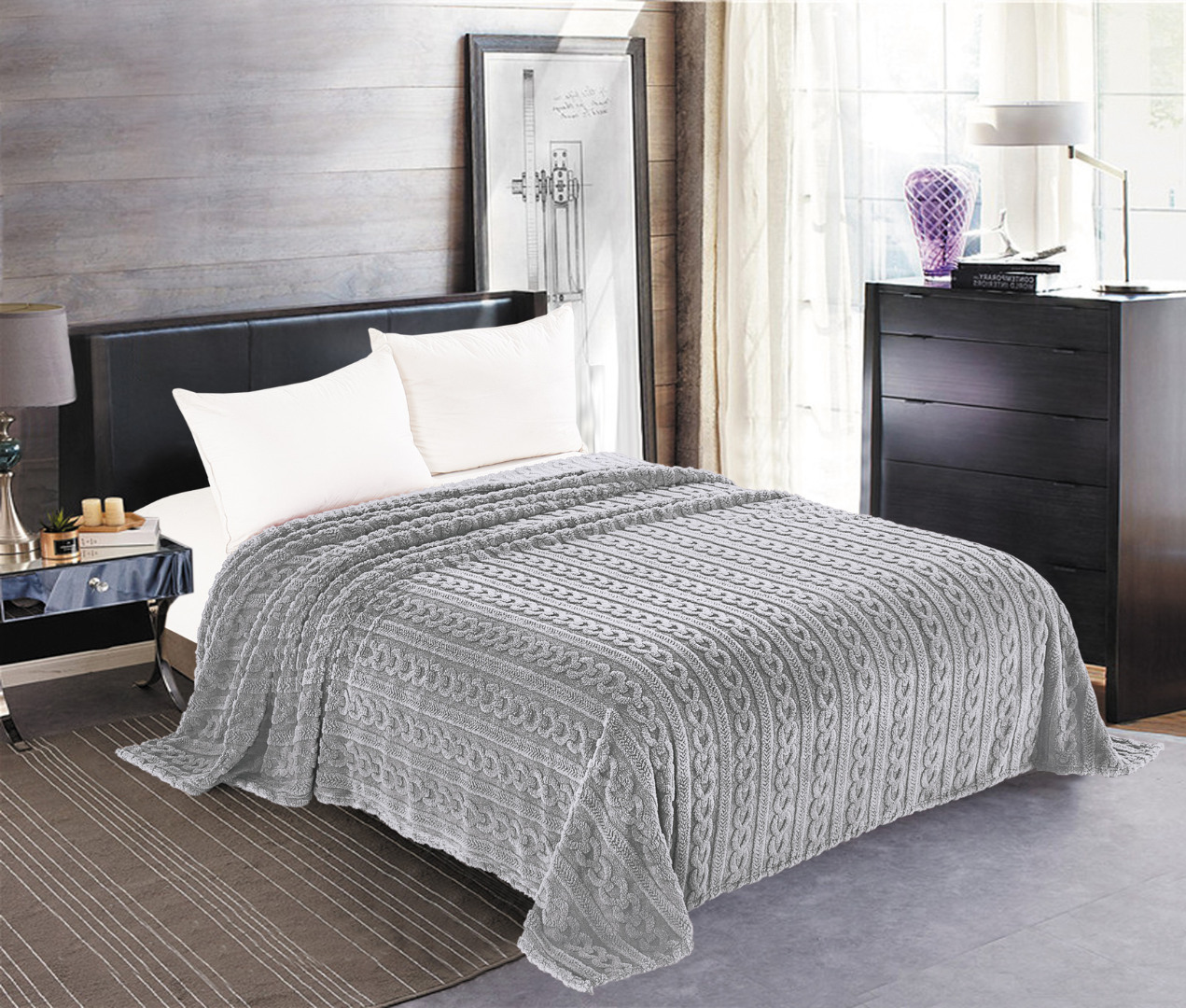 braidlightgrey Κουβέρτα fleece braid (160cm x 220cm) γκρί SilkFashion - Image 1