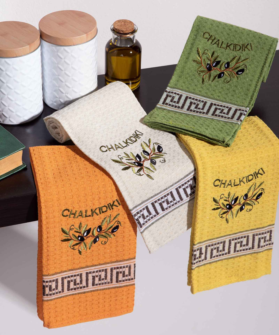 chalkidiki-elies Σετ 12 τεμαχίων ποτηρόπανα (45cm x 65cm) κλαδί ελιάς χρωματιστό CHALKIDIKI SilkFashion - Image 1