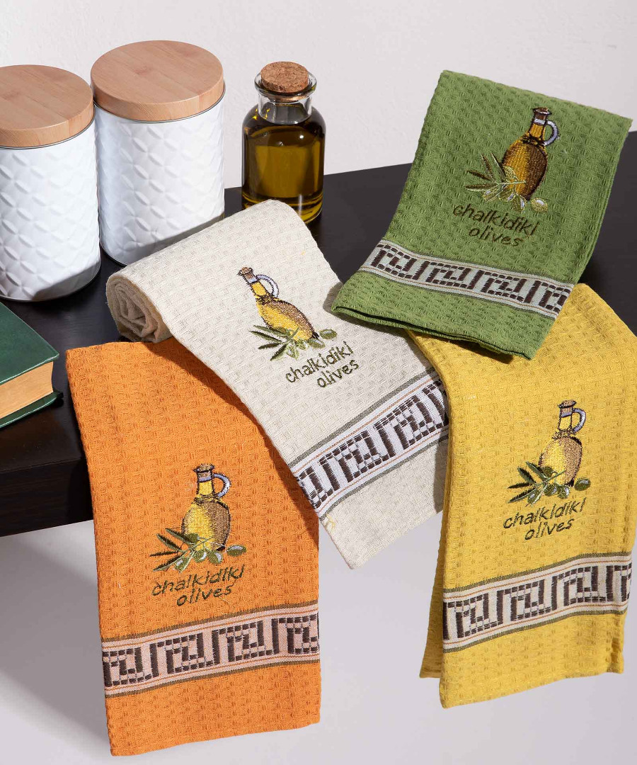 chalkidiki-mpotilia Σετ 12 τεμαχίων ποτηρόπανα (45cm x 65cm) μπουκάλι λάδι CHALKIDIKI SilkFashion - Image 1