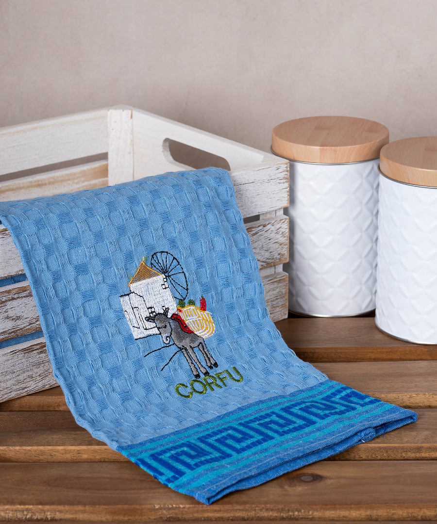 corfu-gaidaros-mple Σετ 12 τεμαχίων ποτηρόπανα γκοφρέ (50cm x 70cm) μπλέ γαίδαρος CORFU SilkFashion - Image 1