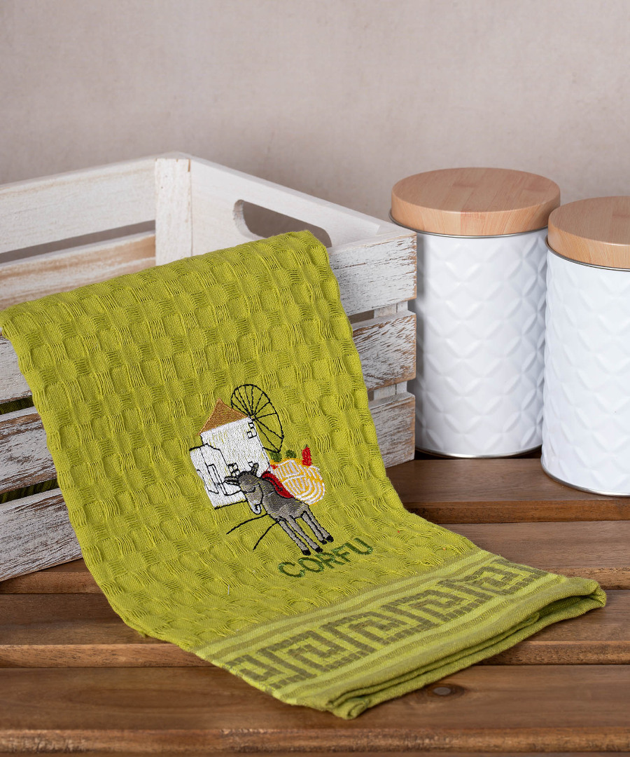 corfu-gaidaros-prasino Σετ 12 τεμαχίων ποτηρόπανα γκοφρέ (50cm x 70cm) πράσινο γαίδαρος CORFU SilkFashion - Image 1