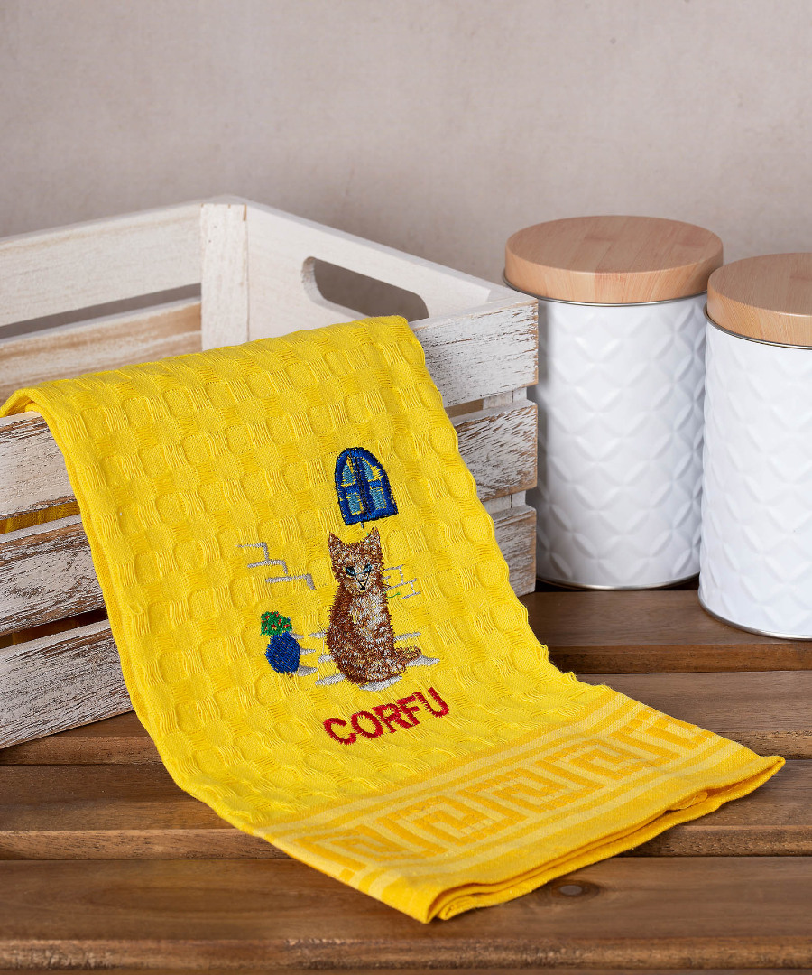 corfu-gata-kitrino Σετ 12 τεμαχίων ποτηρόπανα γκοφρέ (50cm x 70cm) κίτρινο γάτα CORFU SilkFashion - Image 1