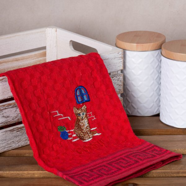 Σετ 12 τεμαχίων ποτηρόπανα γκοφρέ (50cm x 70cm) κόκκινο γάτα CORFU SilkFashion