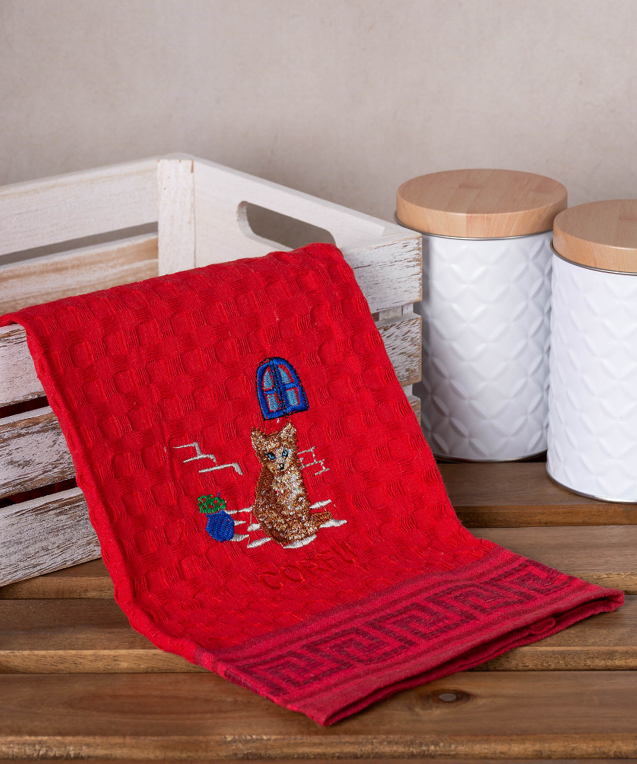 corfu-gata-kokkino Σετ 12 τεμαχίων ποτηρόπανα γκοφρέ (50cm x 70cm) κόκκινο γάτα CORFU SilkFashion - Image 1