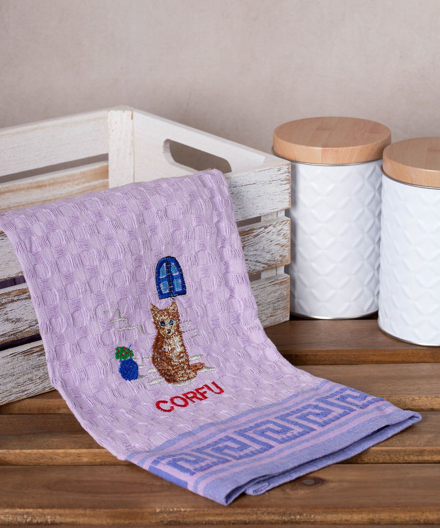 corfu-gata-lila Σετ 12 τεμαχίων ποτηρόπανα γκοφρέ (50cm x 70cm) λιλά γάτα CORFU SilkFashion - Image 1